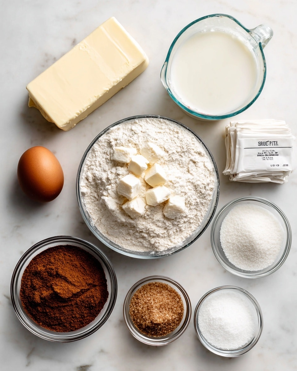 The image shows ingredients for baking arranged on a white marbled surface. In the center is a clear glass bowl filled with white flour, with chunks on top creating a rough texture. Above it is a clear glass measuring cup with white whole milk. To the left is a stick of light yellow butter partially unwrapped, and below it is a single brown egg. To the right of the milk is a small white bowl holding white salt, and next to it is a white packet of yeast. Below the flour bowl, two small clear glass bowls hold brown sugar with a rough, clumpy texture and white sugar with a powdery texture. On the far left is a small bowl filled with dark brown cinnamon powder, showing a fine grainy texture. The layout is neat and clean, perfect for demonstrating baking basics, photo taken with an iphone --ar 4:5 --v 7