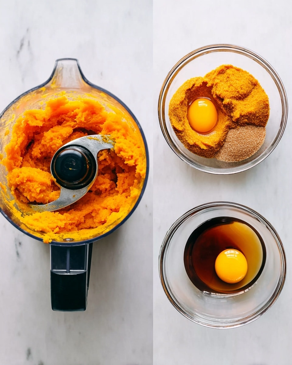 The first image shows a glass food processor bowl with bright orange pumpkin puree inside, the sharp metal blades are partly covered with the puree, and it is placed on a white marbled texture surface. The second image shows a clear glass bowl on the same white marbled surface, containing three raw eggs with bright yellow yolks, brown sugar piled on one side, dark vanilla extract, and orange pumpkin puree, all resting together in the bowl. photo taken with an iphone --ar 4:5 --v 7