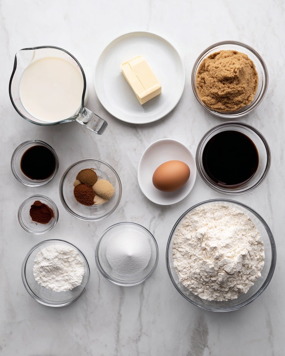 The image shows ten clear glass bowls and a white plate arranged on a white marbled surface. Starting from the left, there is a large glass measuring cup filled with milk, next to it a small glass bowl with dark vanilla extract, then a white plate sitting a stick of butter, beside it lies one brown egg. Above the egg is a small white bowl holding three different powdered spices in brown, tan, and dark reddish-brown colors. To the right of the egg, there is a small clear bowl containing white powder, followed by a medium glass bowl filled with light brown sugar. A large glass bowl filled with white flour is positioned at the bottom right, and next to it on the far right is a glass measuring cup filled with a dark liquid, likely molasses or coffee. The bowls and plate hold dry and wet baking ingredients, neatly placed in a visually balanced layout. Photo taken with an iphone --ar 4:5 --v 7