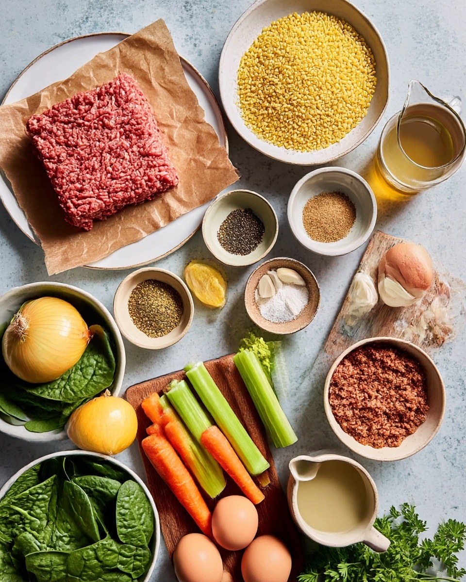 The image shows a flat lay of various ingredients arranged on a white marbled surface. In the top center, a square layer of raw ground meat sits on brown parchment paper on a white plate. To the right, a white bowl holds yellow dry grains, and next to it, a small bowl contains mixed spices including black pepper and garlic powder. Below that, there are two yellows onions and a wooden cutting board with whole and chopped bright orange carrots and green celery stalks and slices. A small beige bowl holds peeled garlic cloves. Near the bottom right, a white bowl contains a reddish-brown minced mixture. Fresh green parsley leaves spread from the bottom right corner. At the bottom left, a white bowl is filled with fresh spinach leaves beside two lemon halves. Near the center-left, two brown eggs sit beside a bowl of white grated cheese and a jar of light brown liquid. A small white bowl of beige powder and a tiny ceramic pitcher with honey-colored liquid finish the scene. Photo taken with an iphone --ar 4:5 --v 7