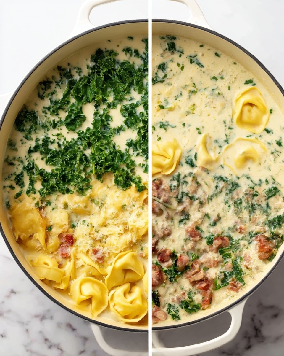 The image shows a white pot filled with creamy soup that has three layers: a light creamy base, yellow tortellini floating in the soup, and bits of green kale scattered on top. In the second part, the soup has extra small pieces of cooked sausage mixed in with the tortellini and kale, making the soup look thicker and more textured. The pot has a white marbled surface underneath it. photo taken with an iphone --ar 4:5 --v 7