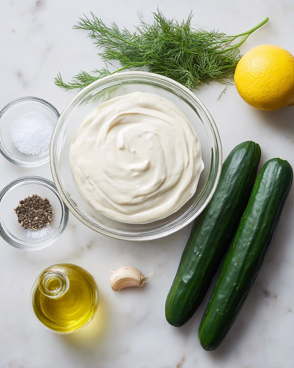 A clear glass bowl in the center holds a thick, creamy white yogurt sauce with a smooth, slightly swirled texture. To the right of the bowl, there are two long, dark green cucumbers lying parallel, and a bright yellow lemon positioned near the top right corner. Above the yogurt bowl, a small bunch of fresh green dill with feathery leaves rests, adding a touch of natural color. To the left of the yogurt, there is a small clear glass bowl containing white salt and cracked black pepper, and below it, a small clear glass bottle filled with golden olive oil. A single peeled clove of garlic sits near the lemon, all arranged neatly on a white marbled surface photo taken with an iphone --ar 4:5 --v 7