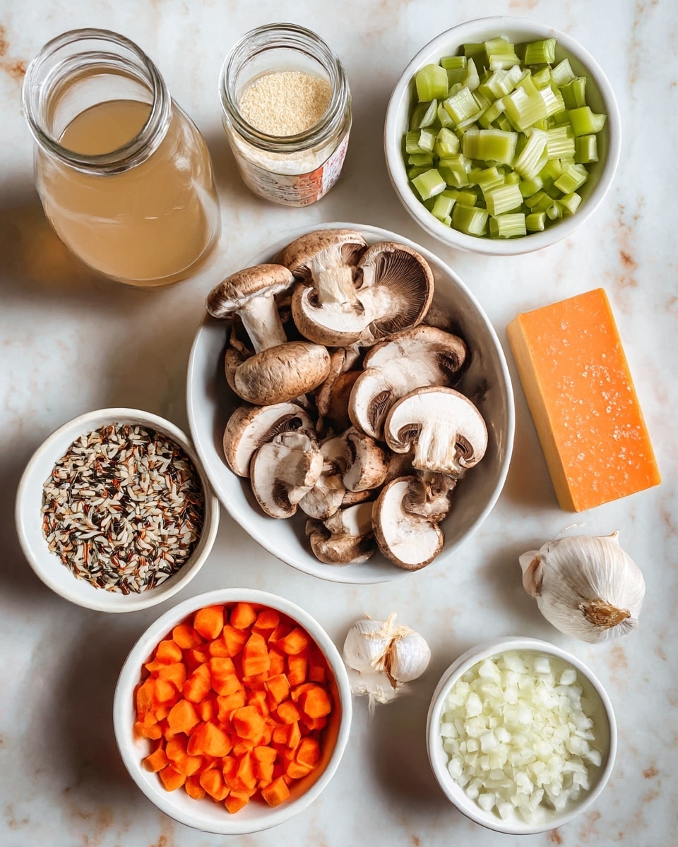 The image shows several small white bowls and jars arranged on a white marbled surface, each filled with different cooking ingredients. In the center, one white bowl is full of sliced brown mushrooms with light beige gills. To its top right, there is a white bowl containing light green chopped celery pieces. Below that, a small white bowl is filled with bright orange diced carrots. At the bottom center, another white bowl holds finely chopped white onions. On the left side, a small white bowl contains mixed wild and white rice grains. Nearby, a glass jar is filled with a light tan liquid, possibly broth. Above it, a small white bowl holds a couple of whole peeled garlic cloves. Another small white bowl nearby is filled with a pale yellow powder, and a rectangular block of orange cheese with white salt crystals rests next to the celery. photo taken with an iphone --ar 4:5 --v 7