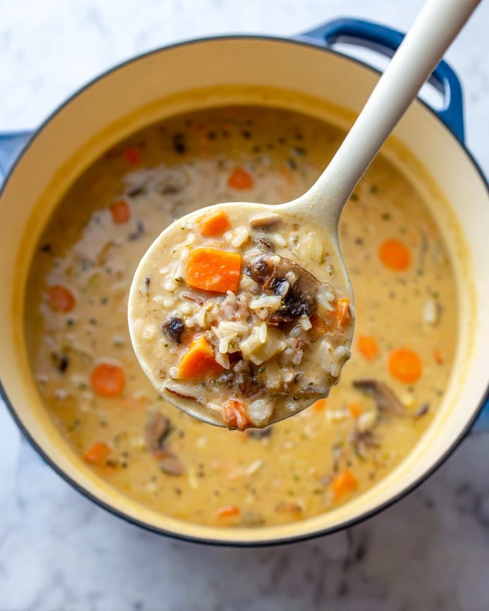 A large white pot with a blue handle is filled with creamy soup that has a thick texture. The soup contains visible pieces of orange carrot, small chunks of light-colored vegetables, and dark brown sliced mushrooms mixed with rice grains. In the center, a white spoon holds a close-up of the soup, showing the chunky mixture with the same ingredients in detail against the creamy beige liquid. The background shows a white marbled surface. photo taken with an iphone --ar 4:5 --v 7