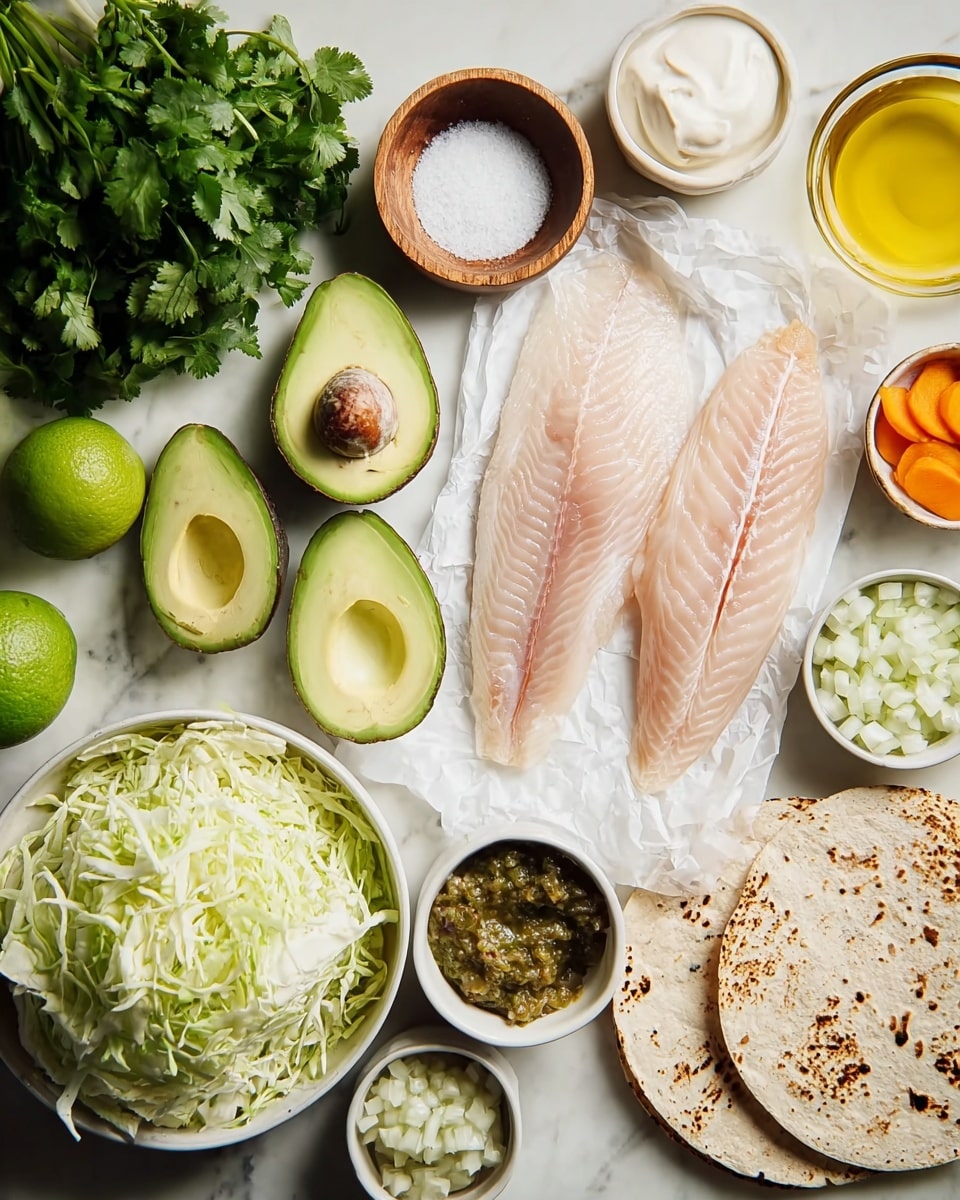 The image shows fresh ingredients for a fish taco meal arranged on a white marbled surface. In the center, there are three raw tilapia fillets placed on white crumpled paper, light pink with visible texture. Below the fish, a white bowl is filled with shredded light green and white cabbage. To the left, several halves of green avocados with smooth textures and dark brown pits are laid out next to sliced limes, bright green and juicy. Above the avocados, fresh cilantro sprigs with dark green leaves and a small wooden bowl of coarse white salt add color. Nearby, a small white bowl holds creamy white mayonnaise, and another contains light green chopped cilantro. At the right, a small white bowl contains diced white onions, and next to it is a small white bowl of a chunky brownish-green sauce. There are also small glass bowls filled with light yellow oil and a bright orange split in half. Three soft, round corn tortillas with brown char marks are laid together on the right side. photo taken with an iphone --ar 4:5 --v 7