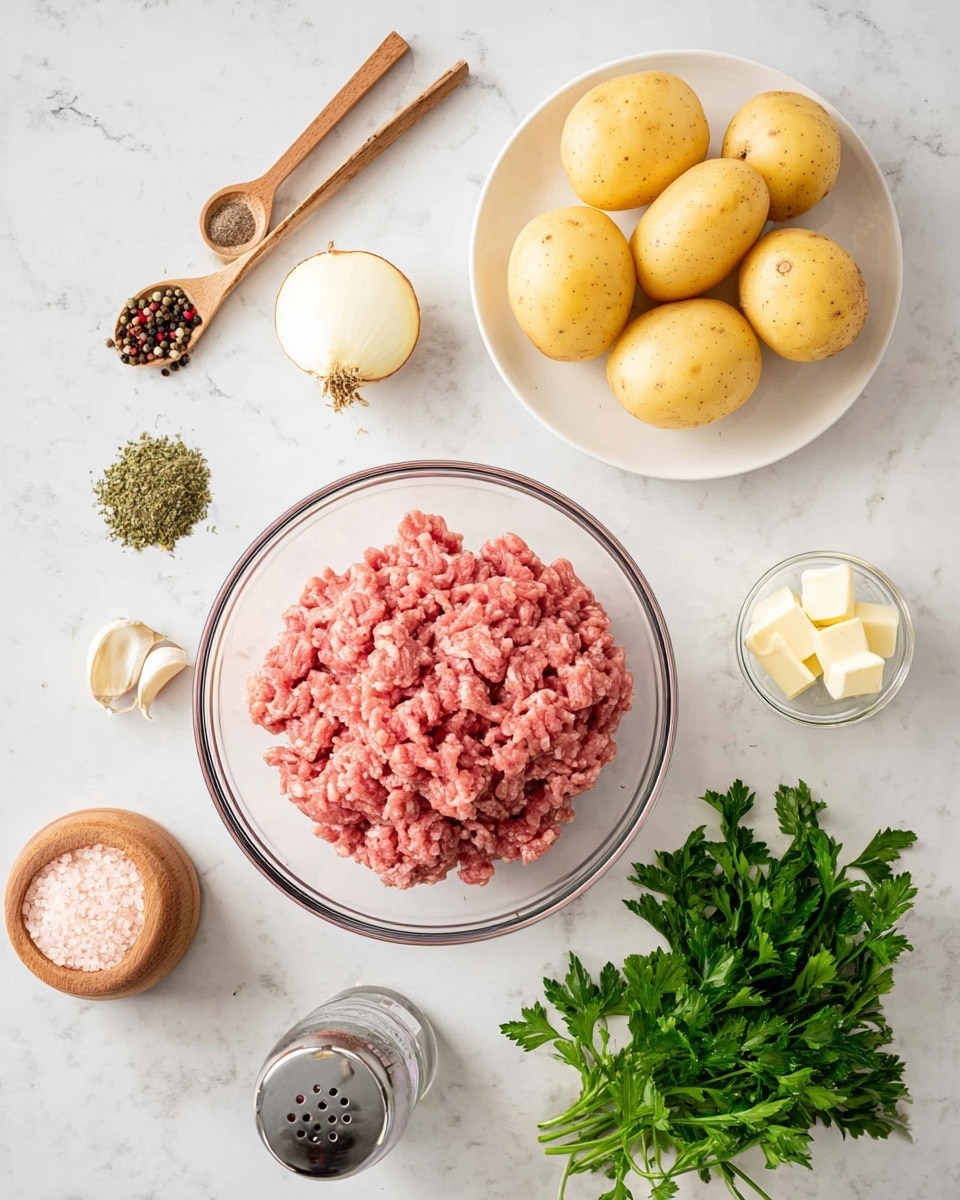 A clear glass bowl is filled with raw ground meat that is pink and textured, sitting in the center of the image on a white marbled surface. Above it is a white plate holding several yellow potatoes. To the left of the bowl are small wooden spoons with green and brown spices, two garlic cloves, a yellow onion, and a small glass bowl with white butter cubes. To the right of the bowl is a bunch of green fresh parsley. Below the bowl, there is a wooden container of pink salt and a clear pepper grinder with black, white, and red peppercorns inside. The scene is bright with natural light, and the items are arranged in neat rows around the meat bowl. photo taken with an iphone --ar 4:5 --v 7