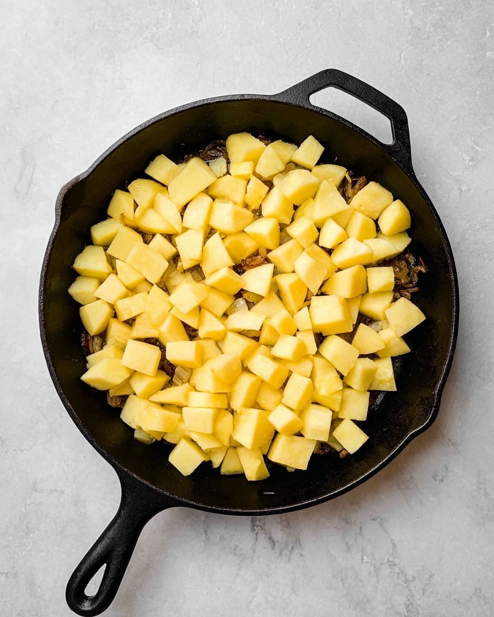 A black cast iron skillet sits on a white marbled surface filled with a single layer of pale yellow cubed potatoes. Underneath the potatoes, there is a base layer of cooked onions with a slightly brown and caramelized texture, mostly hidden but peeking through the gaps between the potato cubes. The skillet handle extends outward, showing its solid black matte texture and an oval hole at the end. The color contrast between the light yellow potatoes, browned onions, and dark skillet creates a strong visual effect photo taken with an iphone --ar 4:5 --v 7