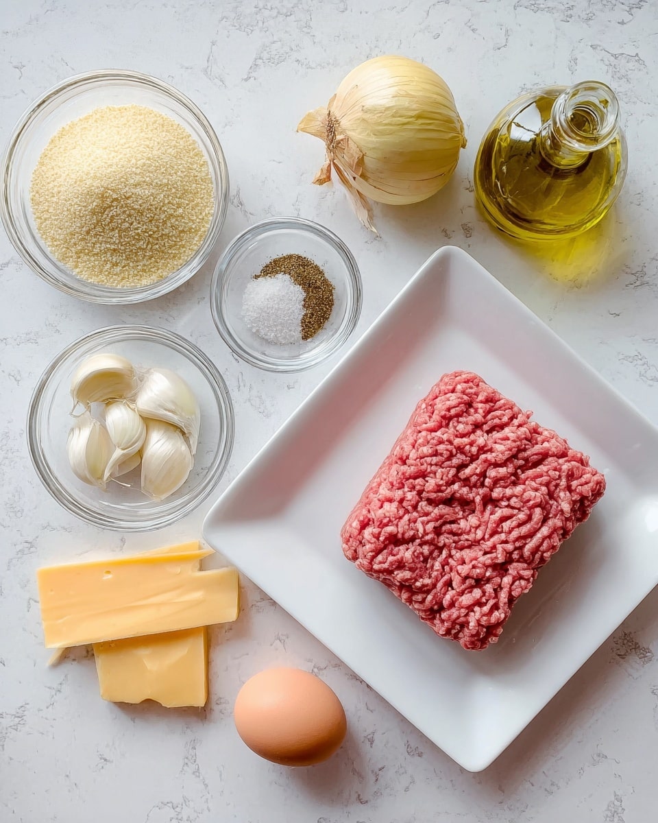 The image shows a white square plate with a block of raw ground meat on the right side. Surrounding the plate on a white marbled surface are several ingredients: an egg at the bottom left, a wedge of yellow cheese just above the egg, a small glass bowl of light breadcrumbs below two peeled garlic cloves in another small glass bowl at the top left, and a small glass bowl with three different dry spices and salt near the center top. A whole yellow onion is placed above the plate, and a small clear bottle of olive oil is at the top right corner. The layout is neat and organized, with all items clearly visible. photo taken with an iphone --ar 4:5 --v 7