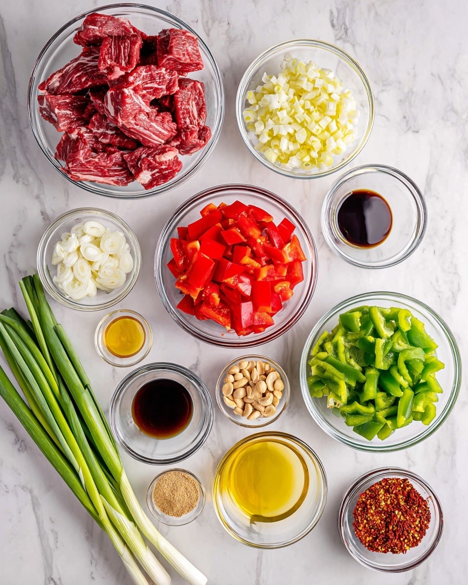 The image shows several clear glass bowls arranged on a white marbled surface, each filled with different ingredients. The largest bowl in the top left holds raw red beef strips with visible white fat layers. Surrounding it are medium bowls with bright red chopped bell peppers, green bell peppers, and white chopped onions. Smaller bowls contain light yellow minced garlic, yellow minced ginger, golden brown sugar, dark soy sauce, clear liquid, light yellow oil, crushed red chili flakes, and peanuts. At the bottom left, fresh green scallions are laid out. The bright colors and textures contrast beautifully with the white marbled surface. photo taken with an iphone --ar 4:5 --v 7