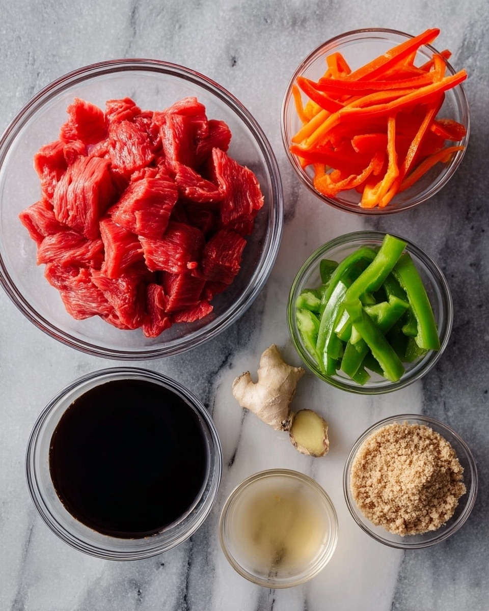 The image shows several clear glass bowls placed on a white marbled surface. The largest bowl, positioned on the left, contains many thin slices of bright red raw meat. To the right and slightly above, a smaller bowl holds thin, long slices of orange bell pepper. Below it, another small bowl contains a light brown, crumbly substance. Further right is a small bowl filled with a thick, dark liquid resembling soy sauce. At the bottom center, a small bowl has a translucent, pale yellow liquid. Nearby, thin slices of green bell pepper sit in a clear bowl. On the white marbled surface near the bottom left, three small pieces of garlic and a slice of ginger rest. The overall arrangement is neat, with the different colors and textures of the ingredients well separated. Photo taken with an iphone --ar 4:5 --v 7