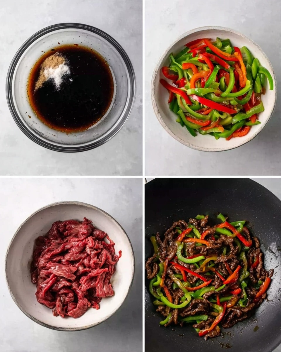 The first image shows a clear glass bowl with a dark brown liquid sauce, topped with white powder and a light tan powder, all on a white marbled surface. The second image shows a white wok with thinly sliced green and red bell peppers spread out evenly on the white marbled surface. The third image shows the same white wok filled with thin slices of raw red meat layered roughly on top of the white marbled surface. The final image shows the white wok with cooked thin slices of dark brown meat mixed with softened green and red bell peppers, all resting on the white marbled surface. Photo taken with an iphone --ar 4:5 --v 7