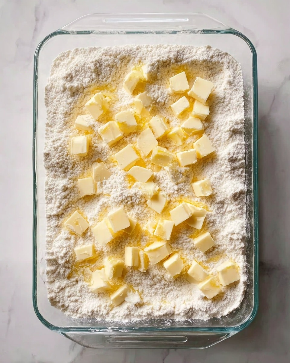 A clear glass rectangular baking dish filled with a layer of white flour spread evenly across the base, topped with scattered small cubes of pale yellow butter, giving a contrast between the rough flour texture and smooth butter pieces. The dish is placed on a white marbled surface that reflects soft natural light, creating subtle shadows and highlights on the flour and butter. Photo taken with an iphone --ar 4:5 --v 7