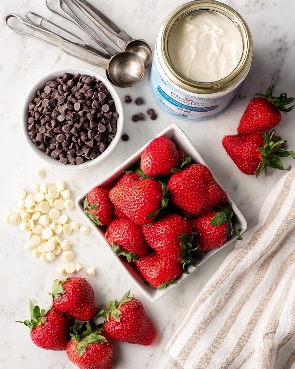 The image shows a white square bowl filled with fresh, bright red strawberries with green leafy tops, placed near the center on a white marbled surface. Next to it, a white round bowl is filled with dark chocolate chips, showing their small, round shape. Nearby, several whole strawberries are scattered loosely on the white marbled surface. There is also a jar of creamy white substance with a blue label placed above the strawberries. On the left side, three silver measuring spoons of different sizes are arranged diagonally. White chocolate chips are scattered near the jar, adding contrast to the scene. A white cloth with thin beige stripes is folded on the right side. photo taken with an iphone --ar 4:5 --v 7