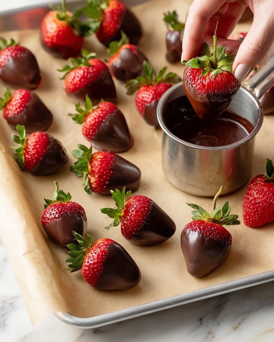 The image shows many strawberries on a white marbled surface, some fully dipped in dark, shiny chocolate with bright green leaves on top and some plain red strawberries with their green leaves. There is one woman's hand holding a strawberry, dipping it halfway into a small silver pot filled with smooth dark chocolate. The strawberries on the surface are arranged in a scattered way on a light beige parchment paper placed on a silver tray. photo taken with an iphone --ar 4:5 --v 7