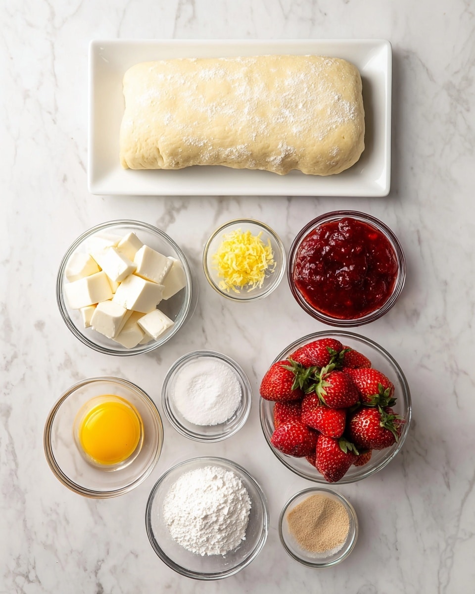 A rectangular piece of dough, pale and slightly floury, lies on a white rectangular plate at the top center of the image. Below it, there are seven glass bowls arranged on a white marbled surface: to the left, a bowl with white cream cheese cubes, a small bowl with white granulated sugar, and a small bowl with yellow lemon zest; in the middle, a small bowl of white liquid and a larger bowl holding bright red strawberry jam; to the right, a bowl filled with whole fresh red strawberries with green tops and a small bowl with light brown sugar. At the very bottom center, a glass bowl contains a single bright yellow egg yolk. The photo taken with an iphone --ar 4:5 --v 7