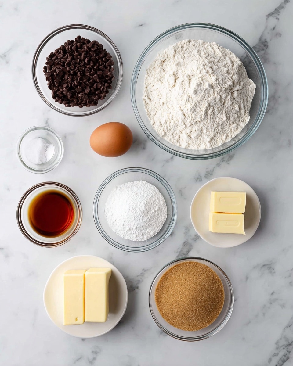 The image shows several clear glass bowls and one white bowl arranged on a white marbled surface. The largest clear glass bowl is filled with white flour and placed on the right side. Below it is a small clear bowl with white powder, likely baking soda or baking powder. To the left of these are two more clear glass bowls; one contains dark chocolate chips and the other has white granulated sugar. Near the top center is a single brown egg and to its left is a small white bowl filled with a dark amber liquid, likely vanilla extract. Near the center right is a small stick of pale yellow butter. A white bowl filled with light brown sugar is placed to the far right side. The setup is neat, organized, and ready for baking photo taken with an iphone --ar 4:5 --v 7