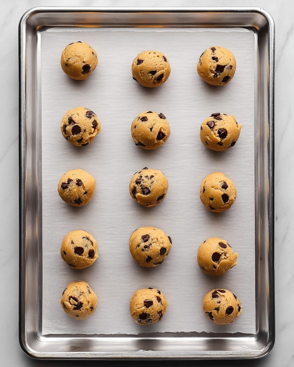 The image shows twelve small, round balls of light brown cookie dough with dark chocolate chunks mixed in, evenly spaced in a 3 by 4 grid on a square sheet of parchment paper placed on a silver baking tray. The dough balls have a smooth, slightly uneven surface, with chocolate pieces visibly embedded throughout each one. The entire setup rests on a white marbled textured surface. Photo taken with an iphone --ar 4:5 --v 7