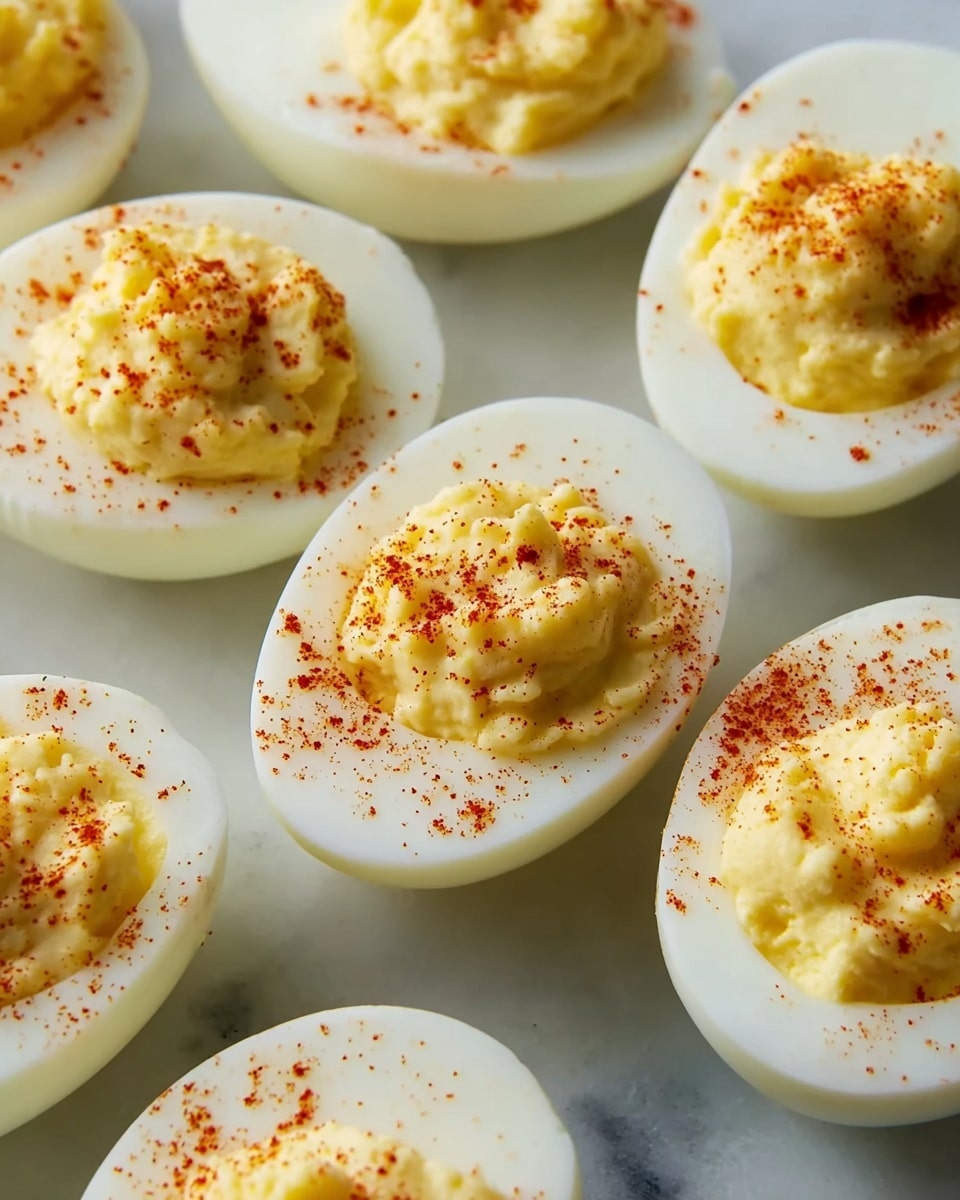 A metal tray filled with halved hard boiled eggs, with the yolks removed from several halves revealing hollow white egg shells, arranged on the left and bottom of the tray. On the right side of the tray, there is a white bowl filled with many yellow egg yolks and a metal spoon resting inside it. The tray is placed on a white marbled surface. Photo taken with an iphone --ar 4:5 --v 7