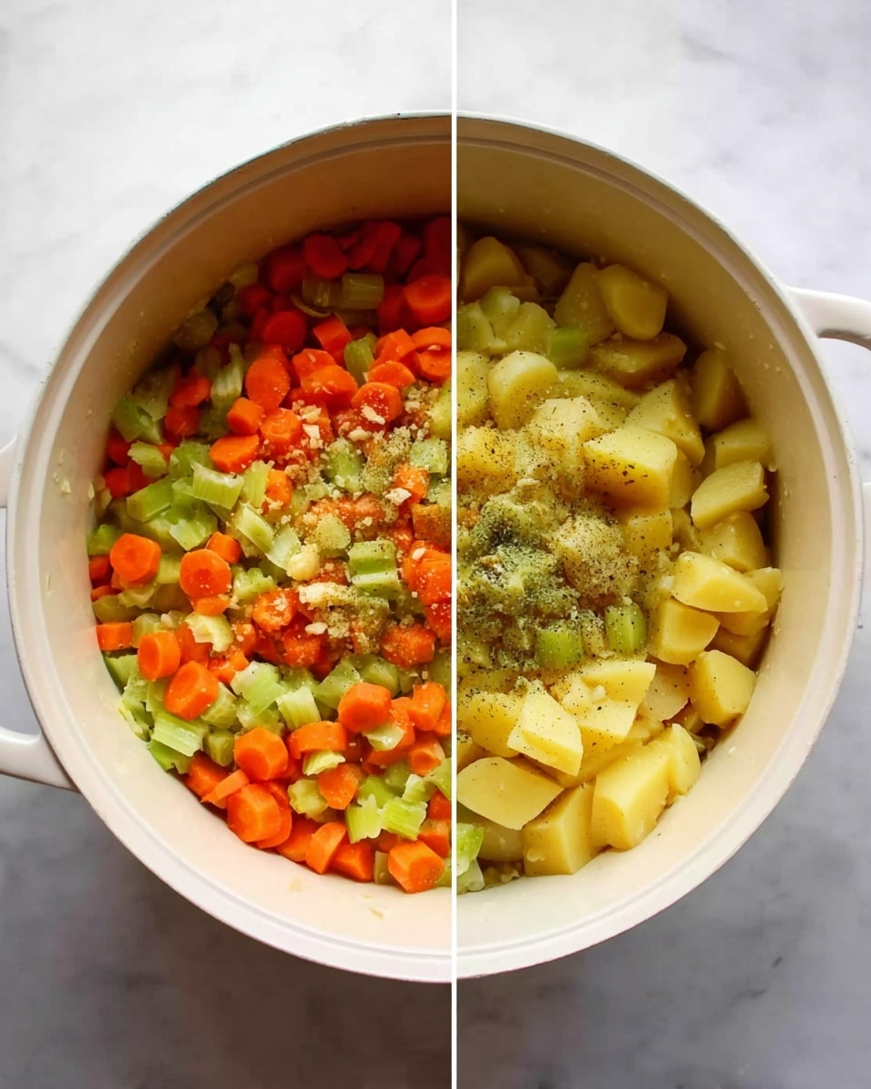 The image shows a white pot filled with chopped vegetables placed on a white marbled surface. Inside the pot, there are three layers: the bottom layer is small chopped celery pieces with a light green color, the middle layer has sliced bright orange carrots, and the top layer is made up of roughly chopped yellow potatoes. Some minced garlic and black pepper are sprinkled on top of the potatoes. In the second image, the vegetables are mixed together, creating a colorful mix of green celery, orange carrots, and yellow potatoes, all with a soft texture visible inside the white pot. Photo taken with an iphone --ar 4:5 --v 7