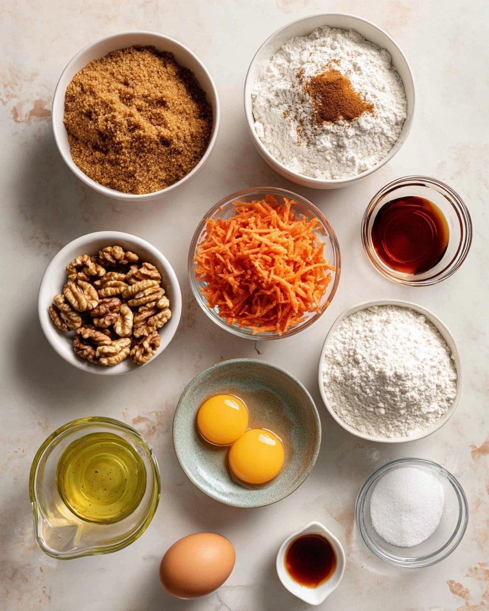 The image shows nine bowls and a measuring cup arranged on a white marbled surface, each filled with different baking ingredients. At the top left is a white bowl overflowing with brown sugar, light brown and crumbly. To its right is a white bowl containing a mix of white flour with piles of brown cinnamon, white salt, white baking powder, and light beige baking soda on top, showing a textured powder mix. Below the brown sugar bowl is a white bowl filled with walnut halves, rough and brown. Directly in the middle, there is a clear glass measuring cup filled with shredded bright orange carrots with a slightly moist texture. To the right of the carrots is a small white bowl holding three raw eggs, yellow yolks visible in clear liquid whites. Below the walnuts, a clear glass measuring cup holds light yellow vegetable oil, shiny and smooth. Next to it is a tiny white bowl with dark amber vanilla extract, smooth and glossy. At the bottom right, a white bowl contains fine white sugar with a soft, powdery texture. The setup is neat and clean, all ingredients clearly visible. Photo taken with an iphone --ar 4:5 --v 7