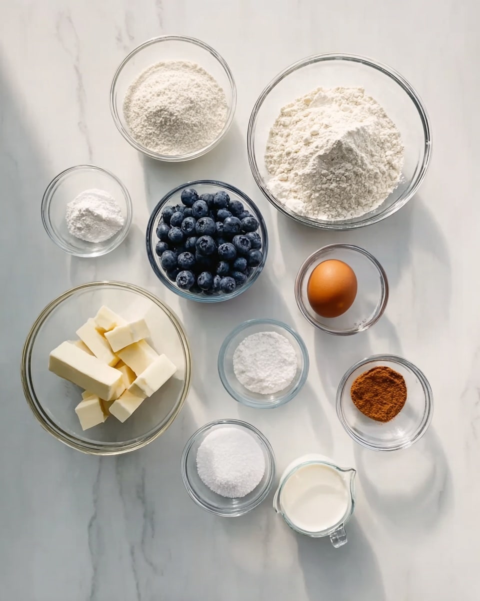 A collection of ingredients is arranged neatly on a white marbled surface, each in small clear glass bowls or a glass measuring cup. There are eleven containers showing different items: a large bowl full of white flour on the right, a smaller bowl with white flour dust on the top left, a small bowl with white sugar beside it, and another with cubed butter. A glass cup is filled with fresh blueberries, next to a small bowl holding a brown cinnamon powder. Additional ingredients include a raw egg in a small bowl, a clear bowl with a white granular substance, likely salt, a bowl with white granulated sugar, a small bowl with a white powder, probably baking powder, a bowl with a clear liquid, and a small cup with white cream. The setup is clean, simple, and well lit in natural light giving a fresh and organized feeling. photo taken with an iphone --ar 4:5 --v 7