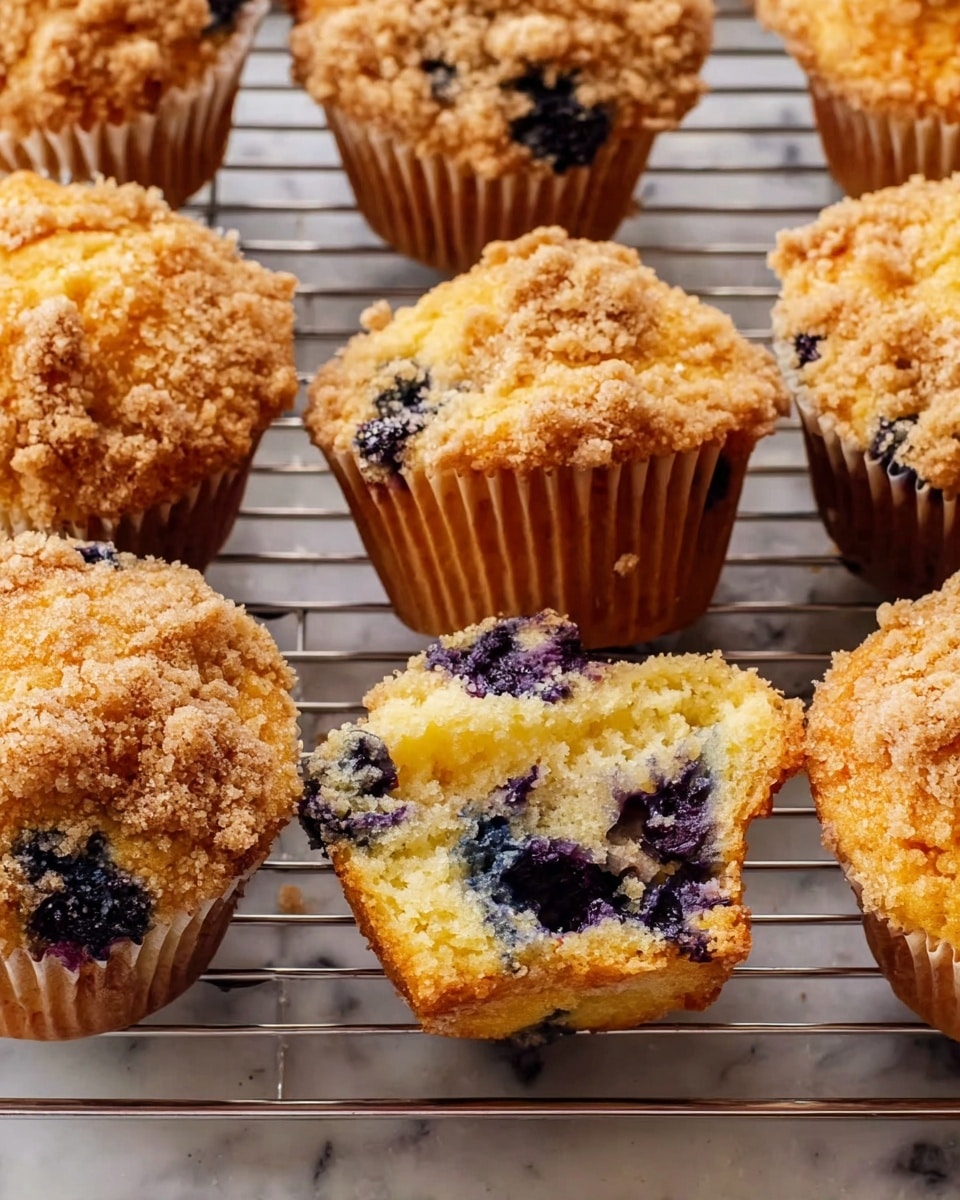 The image shows several golden-brown muffins with a crumbly light brown topping arranged on a metal cooling rack. Each muffin has dark purple-blue spots of blueberries baked inside, visible through the lightly opened white liners. The muffin in the center has its liner peeled back halfway down, revealing the soft yellowish inside with scattered blueberries. The muffins have a slightly uneven, rounded top with a crunchy texture. The background surface is a white marbled texture. photo taken with an iphone --ar 4:5 --v 7