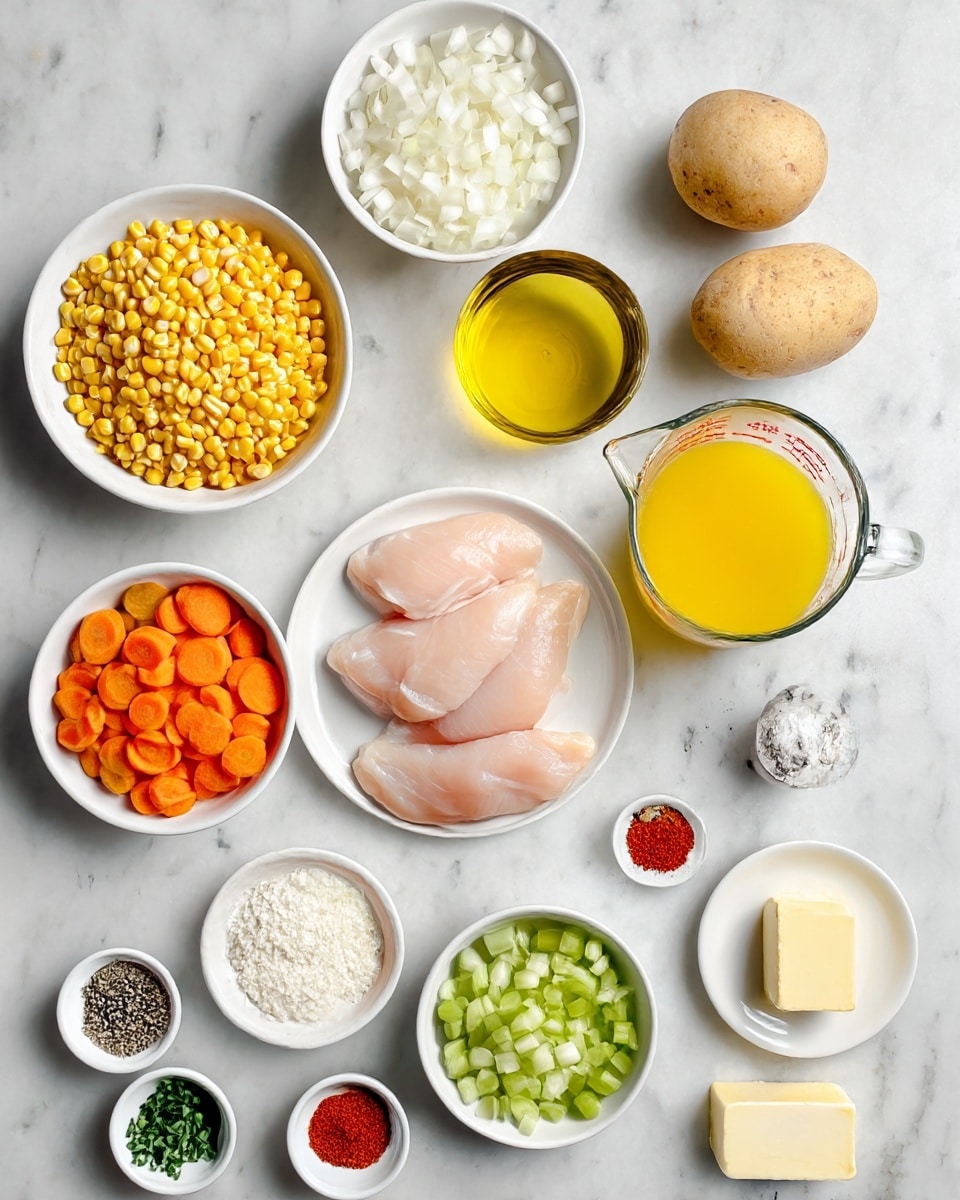 A white marbled surface holds several small white bowls and plates arranged neatly, each filled with different ingredients: a bowl of small yellow and orange carrot slices near the bottom, to the right of it a bowl of light green celery pieces, above that two whole light brown potatoes, and a small dish of salt and pepper beneath. In the center, a white bowl with three raw pale pink chicken tenders sits next to a glass measuring cup filled with bright yellow chicken broth. To the left, a white bowl is filled with yellow corn kernels, above it a glass with golden olive oil. At the top, a round white bowl holds white chopped onions, with a small bowl of red paprika spice nearby, and a tiny plate with a pale yellow slab of butter next to it on the right. On the left side, small white dishes contain finely minced white garlic and chopped green scallions or chives. A small bowl of white flour is placed near the top center. All the ingredients are well spaced on the white marbled surface, creating a clean and colorful arrangement photo taken with an iphone --ar 4:5 --v 7