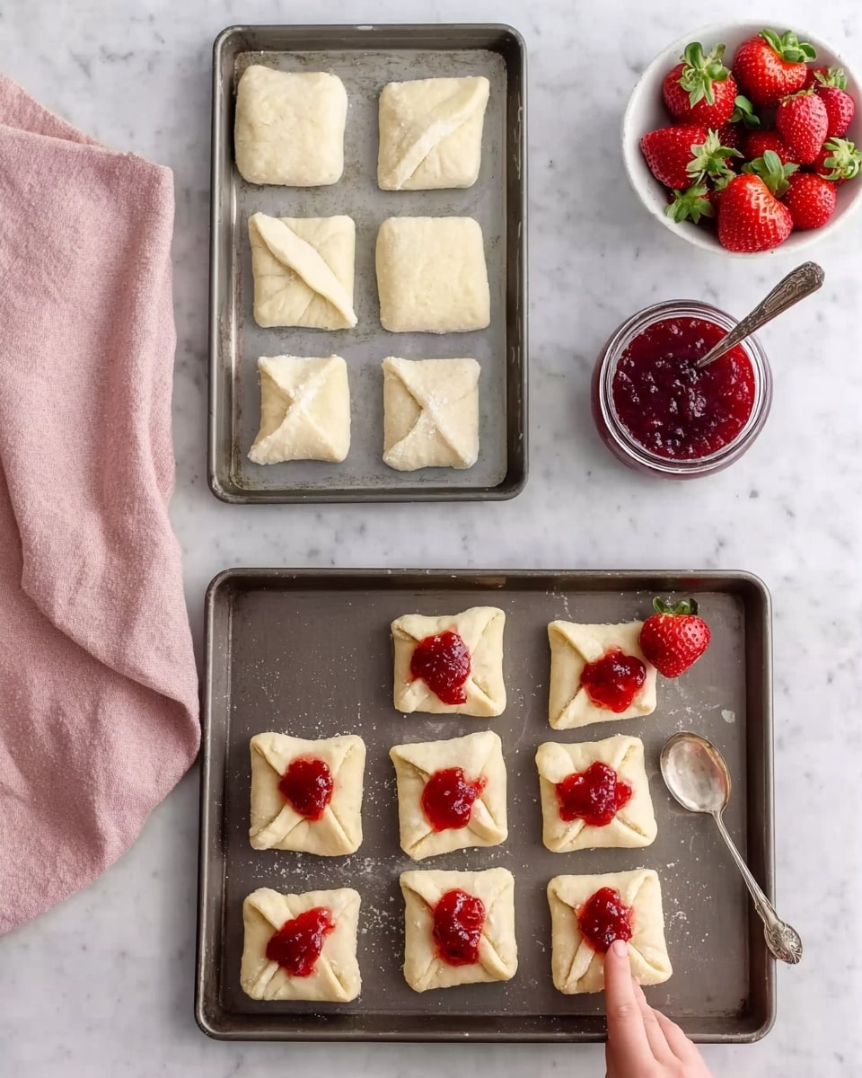The image shows two baking trays on a white marbled surface. The top tray holds six square pieces of dough arranged in two rows, with one piece slightly folded at the corner. The bottom tray displays six square pastries, each with their corners folded toward the center, topped with a small dollop of red jam. To the right of both trays, there is a white bowl filled with fresh strawberries. A silver spoon rests next to a small glass jar filled with the same red jam, all set against a soft pink fabric partially visible on the left side. Photo taken with an iphone --ar 4:5 --v 7