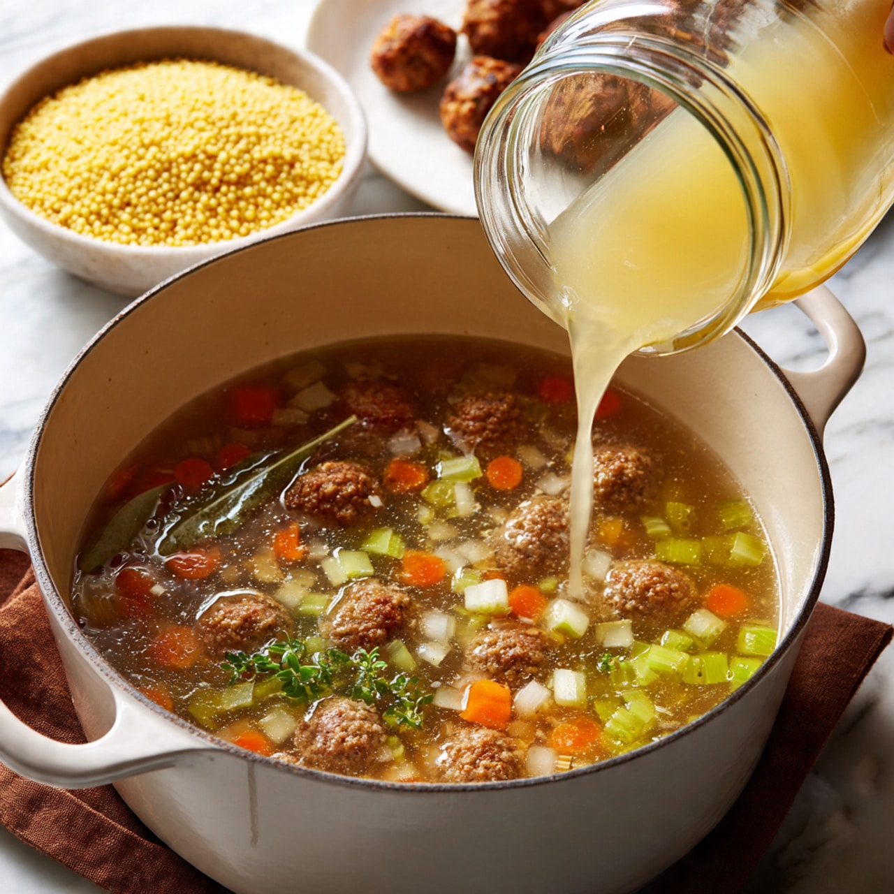 A white pot holds a clear soup with multiple layers: small browned meatballs scattered on top, diced orange carrots, light green celery, and small pieces of white onions floating in the broth, along with a single dried bay leaf near the center. From the lower left, light yellow broth is being poured into the pot from a glass jar. In the background, a white bowl filled with small yellow couscous grains is partially visible at the top left, and a white plate with browned meatballs sits at the top right. The whole scene is set on a white marbled surface with a brown cloth underneath part of the pot. photo taken with an iphone --ar 4:5 --v 7