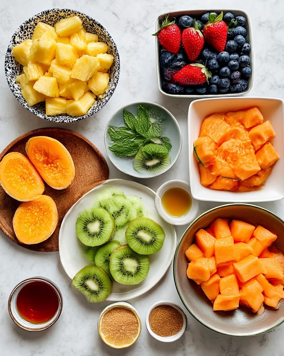 The image shows an arrangement of fresh fruits and small bowls with ingredients on a white marbled surface. There are cut pineapple chunks in a black and white speckled bowl on the top left. Below it is a wooden plate with two hollowed orange halves and some green mint leaves on the side. Next to that, a white plate holds neat slices of green kiwi with brown skin. Above that plate, there is a grey bowl filled with whole and sliced strawberries with green tops. On the top right, a white square bowl is full of fresh blueberries. To the right of the kiwi plate, a metallic bowl contains bright orange cantaloupe cubes with a halved cantaloupe next to it showing seeds inside. Small bowls near the center hold brown sugar, orange zest, maple syrup, and vanilla extract. The composition is tidy and colorful. Photo taken with an iphone --ar 4:5 --v 7