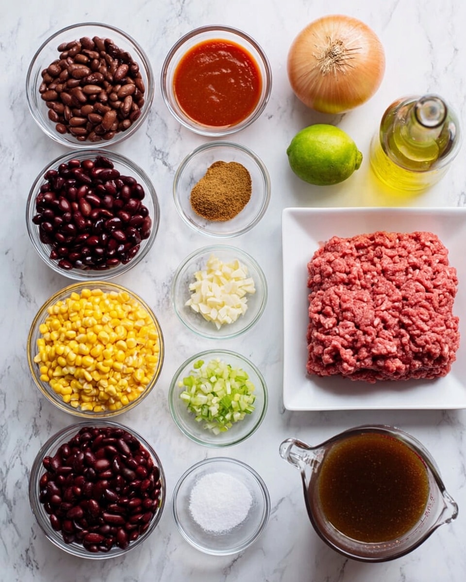 The image shows various ingredients neatly placed on a white marbled surface. On the far right, a white square plate holds a single layer of raw ground meat with a pinkish-red color and a soft texture. Next to it are small clear glass bowls containing brownish spice powder, pale green chopped chilies, and a mix of garlic cloves resting beside reddish tomato sauce in a larger bowl. Above these are three deeper glass bowls arranged in a row containing dark red kidney beans, black beans, and yellow corn kernels, each filling the bowls in a single full layer. A whole light brown onion, bright green lime, and a small clear bottle of yellow cooking oil are positioned near the top right corner. Near the center is a clear measuring cup filled with dark brown liquid broth, with two small bowls holding white salt and reddish spice powder nearby. The white marbled surface and natural colors of the ingredients give a clean and fresh feel to the arrangement. Photo taken with an iphone --ar 4:5 --v 7
