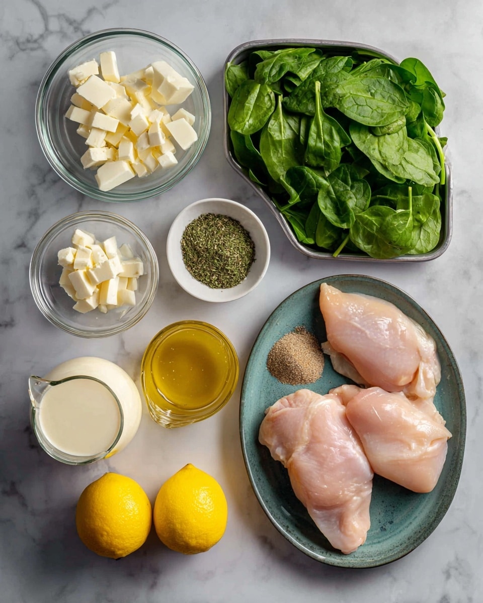 A flat layout of raw ingredients on a white marbled surface shows three raw chicken pieces placed close together on a metal tray at the top right. At the top left, fresh spinach leaves fill a clear glass bowl. Small white bowls nearby hold cubed butter, minced garlic, and white cheese cubes. Centered are two bright yellow lemons below a small glass jug of clear chicken broth and a plate with four mounds of dry spices including black pepper and green herbs. A larger glass jug with cream is positioned at the bottom left. The colors range from soft pink chicken to vibrant green spinach and bright yellow lemons, all arranged neatly for easy viewing photo taken with an iphone --ar 4:5 --v 7