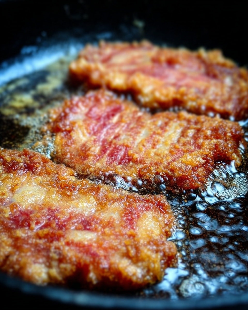 The image shows three pieces of thinly battered meat frying in a black pan, with bubbling oil around the edges. The meat pieces have golden-brown, crispy edges with some pinkish, softer areas in the center. The oil is shiny and sizzling, making small bubbles near the meat. The pan's surface has a slightly rough texture that contrasts with the wet, oily batter. The background is blurred but dark, focusing attention on the frying meat. photo taken with an iphone --ar 4:5 --v 7