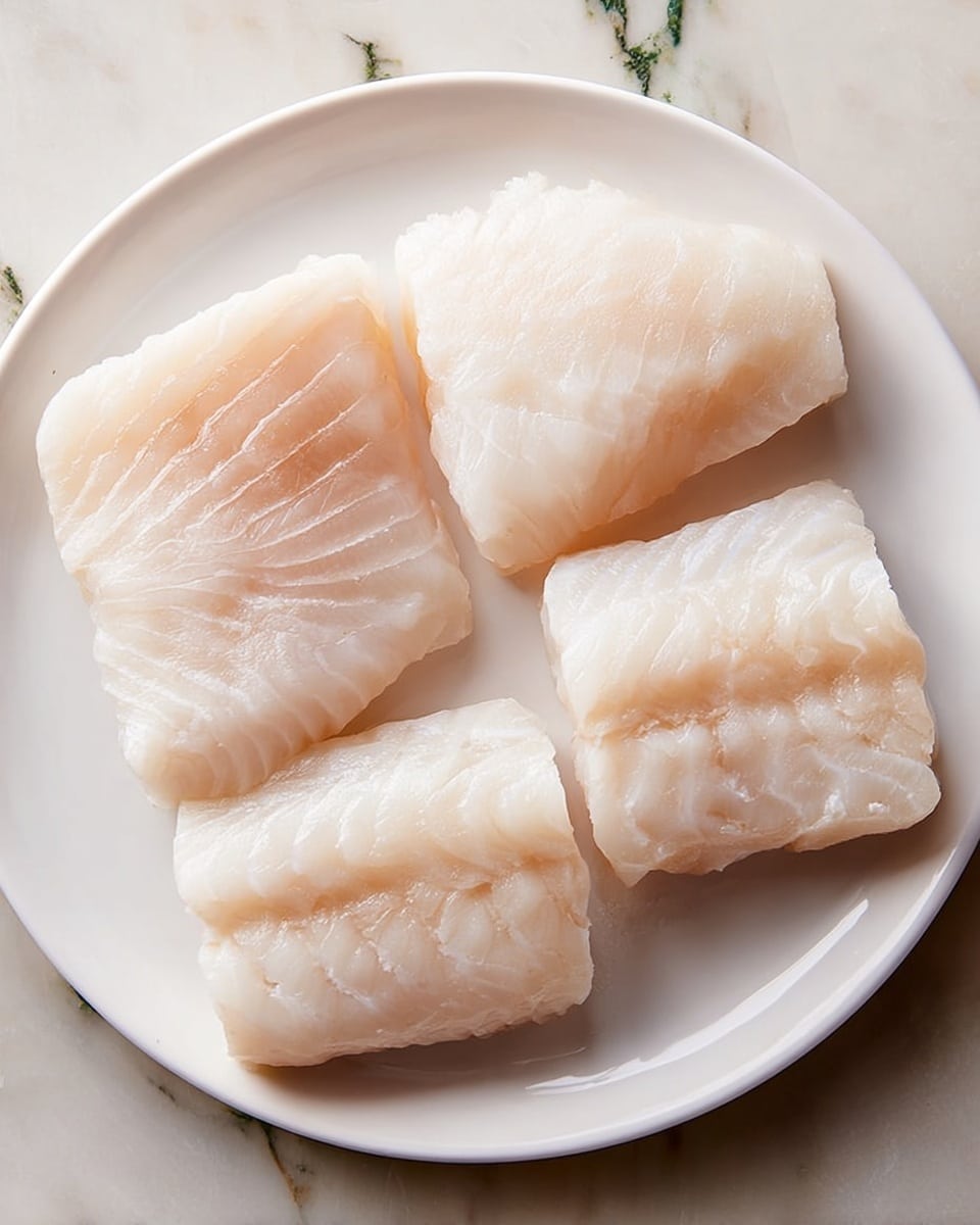 A white plate holds four pieces of raw white fish fillets, arranged in a roughly square pattern with two pieces on the top row and two on the bottom row. The fish has a smooth, slightly translucent texture with subtle lines running through each piece, showing natural layers of the flesh. The surface beneath the plate is a white marbled texture. Photo taken with an iphone --ar 4:5 --v 7