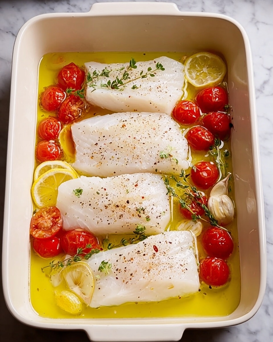 The image shows a white baking dish with four raw fish fillets placed inside. The fillets are white with a light sprinkle of black pepper on top. Around the fillets, there are small red cherry tomatoes scattered, along with a few yellow lemon slices placed under and next to the fillets. A few garlic cloves and small green sprigs of herbs are also in the dish. Everything is sitting in a shallow pool of yellow olive oil. The baking dish is on a white marbled surface. photo taken with an iphone --ar 4:5 --v 7
