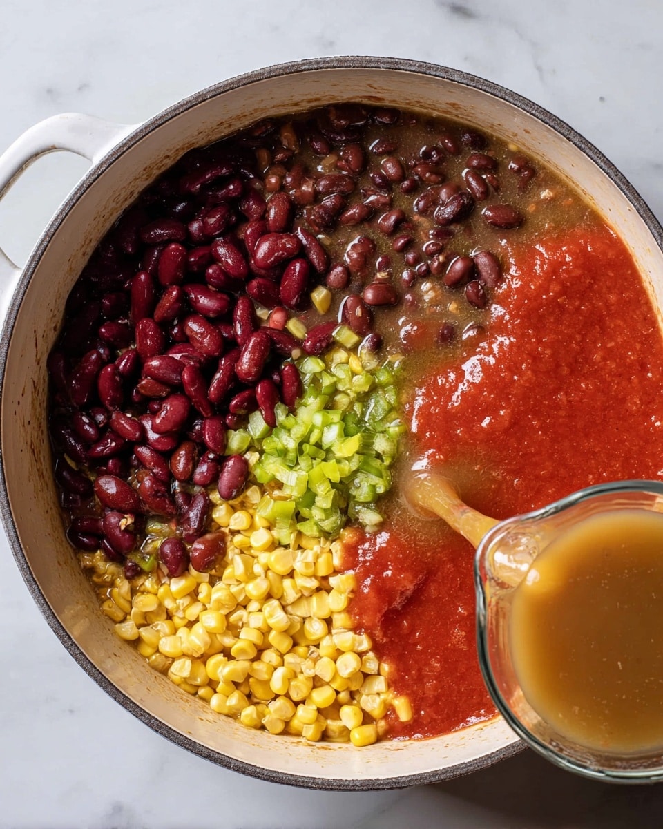 A round white pot shows a mix of five layers before stirring. On the left, dark red kidney beans fill one quarter. Next to it, top center, small dark brown beans cover another quarter. On the right side, bright red tomato sauce fills about a quarter of the pot. Below the beans and sauce, a small pile of chopped green peppers sits over some yellow corn kernels scattered in a liquid base. A clear measuring cup with light brown broth is pouring into the pot from the bottom right. The entire pot is placed on a white marbled surface. photo taken with an iphone --ar 4:5 --v 7