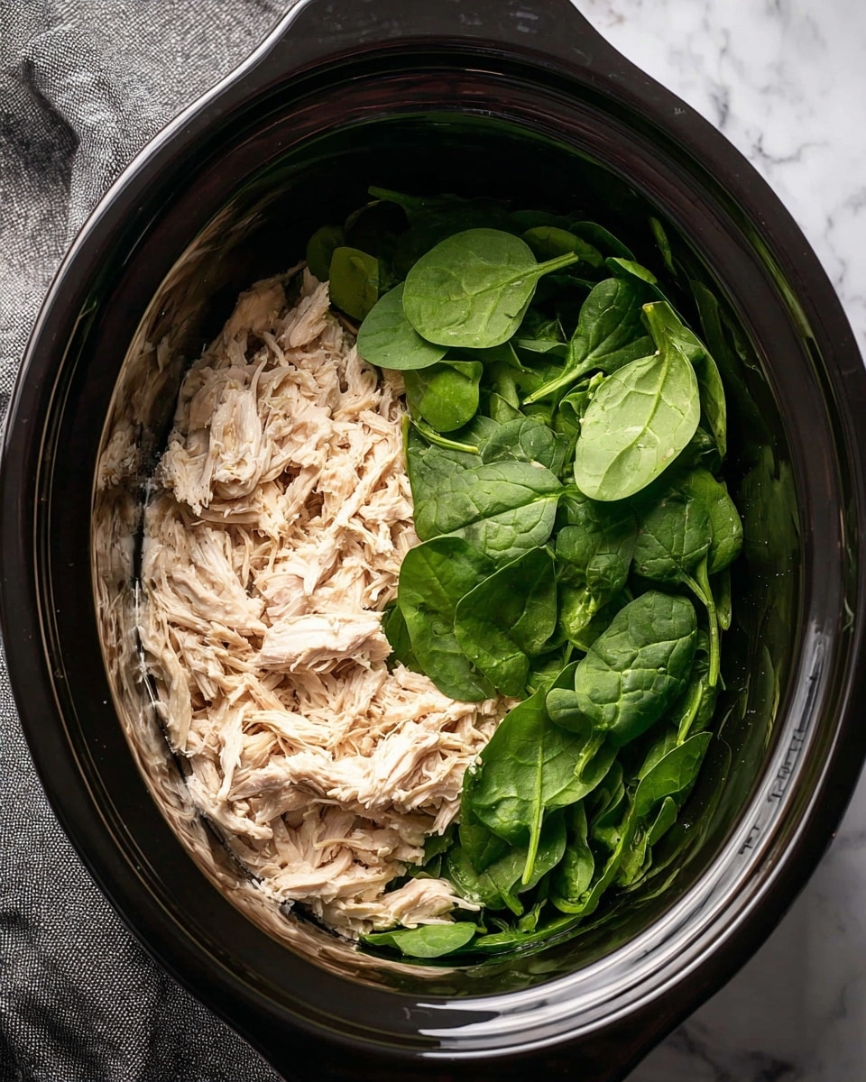 Inside a black slow cooker, there are two main layers: shredded cooked chicken on the upper half, showing a pale beige color with strands and texture, and fresh green spinach leaves on the lower half, displaying a bright and smooth texture. Beneath these layers, a light creamy sauce is partially visible at the bottom. The slow cooker sits on a white marbled surface with a gray cloth nearby. photo taken with an iphone --ar 4:5 --v 7