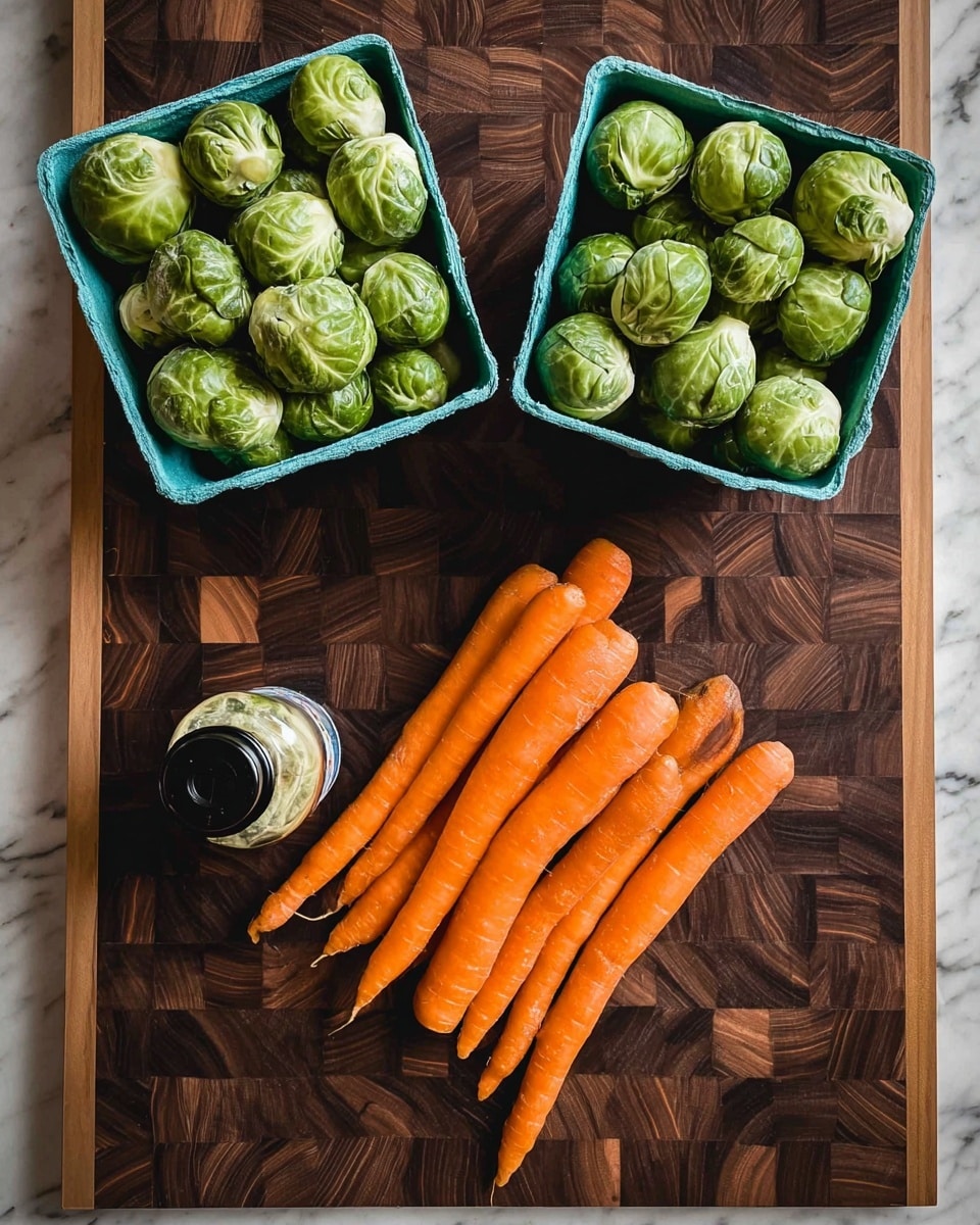 The image shows two teal cartons filled with fresh green Brussels sprouts placed on the top half of a dark wooden cutting board with a cube pattern. Below the cartons is a neat cluster of seven bright orange carrots with smooth skin and tapered ends, lying side by side. To the bottom left of the carrots is a small plastic bottle with a black lid. The cutting board rests on a white marbled surface. photo taken with an iphone --ar 4:5 --v 7