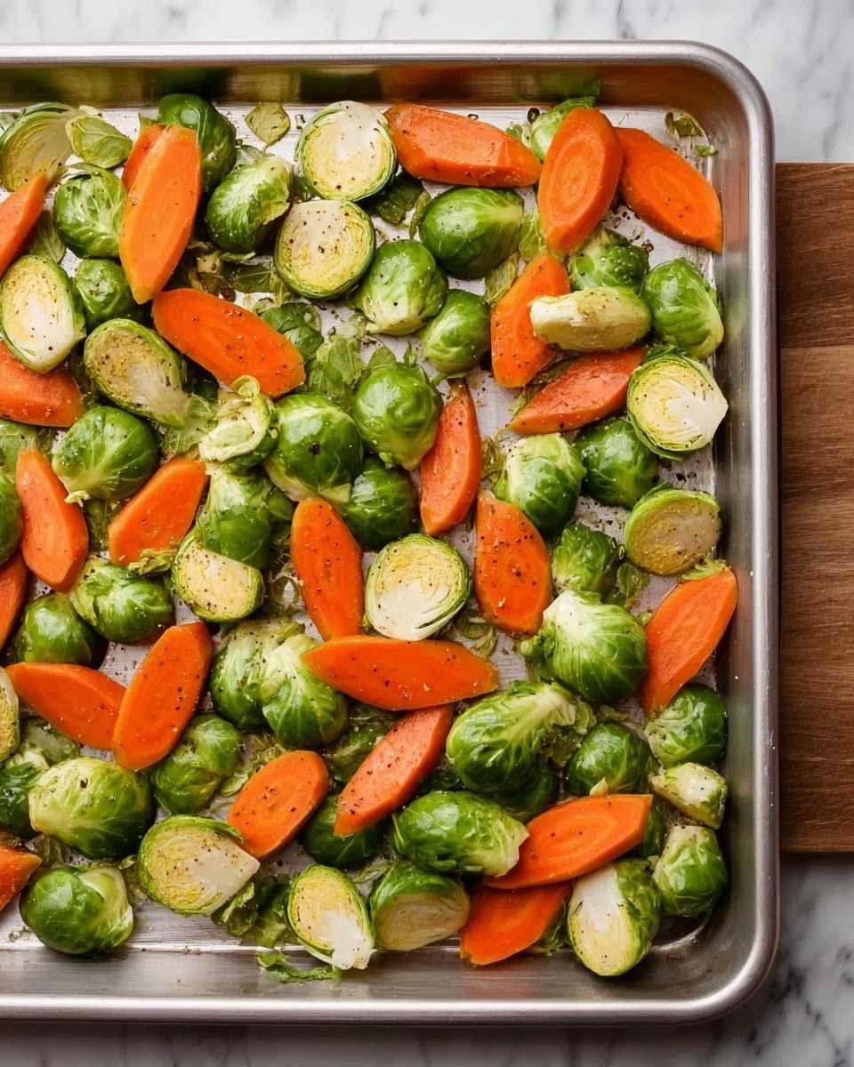 A metal baking tray filled with one layer of halved Brussels sprouts and thick slices of carrots spread out evenly. The Brussels sprouts show bright green and light green colors with a fresh texture, while the carrot slices have a vivid orange color with a smooth, soft texture. The veggies appear lightly seasoned with black pepper. The tray is on a white marbled surface, showing part of a wooden edge on the right side. photo taken with an iphone --ar 4:5 --v 7