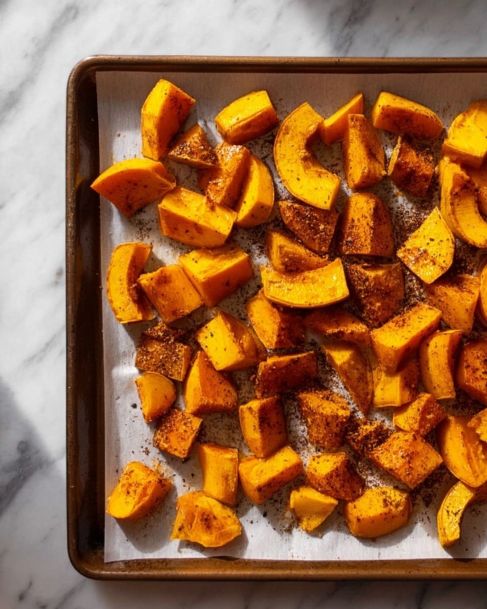 The image shows a baking tray filled with many pieces of chopped orange squash. The squash pieces are cut into uneven shapes, including chunks and crescent shapes. The squash is sprinkled with dark spices, and the surface of the squash looks slightly oily or shiny. The tray is lined with white parchment paper, and the tray is sitting on a white marbled textured surface. The lighting highlights the orange color of the squash and the brown spices, making the dish look ready to cook or roast. Photo taken with an iphone --ar 4:5 --v 7