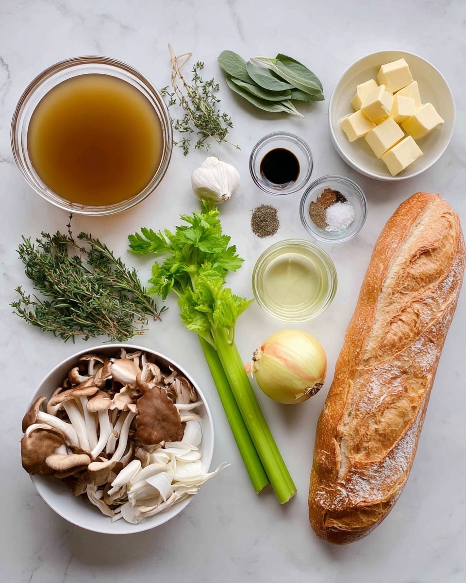 A clear glass bowl filled with light brown broth is placed on the top left on a white marbled surface. To its right, a white bowl holds a mix of sliced brown mushrooms and white oyster mushrooms. Below the broth, there are green herbs including parsley, rosemary, thyme, and sage arranged neatly. Next to the herbs, three green celery stalks lie horizontally. Small dishes hold a few peeled garlic cloves, salt and pepper, and a dark liquid, alongside a small clear container with a light yellow liquid, all placed near the center. A whole yellow onion is positioned near a long brown loaf of bread on the right, with a small white bowl containing two pieces of butter beside the bread. The colors are natural and earthy, showing fresh ingredients on the white marbled surface photo taken with an iphone --ar 4:5 --v 7