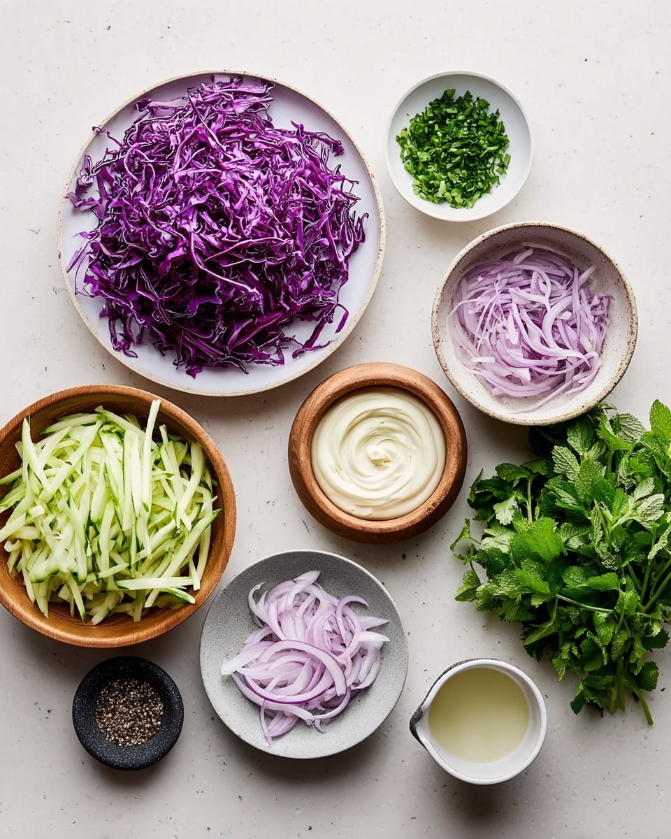 This image shows nine bowls set on a white marbled surface, each holding different ingredients. The largest white plate on the left is filled with shredded purple cabbage, which has a crisp texture and bright deep purple color. Above it is a small white bowl with finely chopped green herbs. To the right of that, a small white bowl holds a smooth swirl of creamy white sauce. Below them is another bowl made of light wood filled with pale green julienned cucumber sticks, standing out for their fresh, firm texture. To the right, a light gray bowl contains thin, curly slices of pale purple onion. Below that are two small round bowls, one wooden filled with black pepper and the other black stone with coarse salt. A small white cup with a pale liquid sits next to them. On the far right, fresh green bunches of herbs, including cilantro and mint, add a leafy texture. The arrangement is bright, clean, and colorful. Photo taken with an iphone --ar 4:5 --v 7