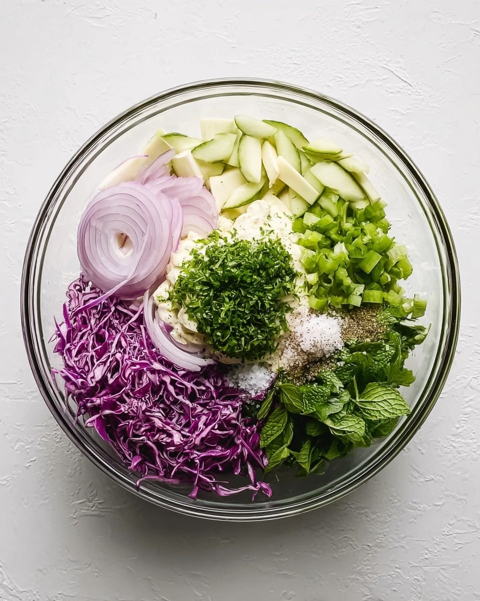 A clear glass bowl placed on a white marbled surface holds seven distinct layers of ingredients arranged separately in a circle. Starting from the top, there are thin, pale purple slices of onion with a smooth texture, followed by light green julienned pieces of cucumber or apple. Below these is a thick dollop of creamy white sauce topped with finely grated green zest. To the right, bright green fresh cilantro leaves fill the space, contrasting with chopped green jalapeno in the center. At the bottom left is finely shredded purple cabbage with a slightly crinkled texture, and fresh mint leaves with pointed shapes sit above the cabbage. Small piles of salt and ground black pepper rest near the sauce. photo taken with an iphone --ar 4:5 --v 7