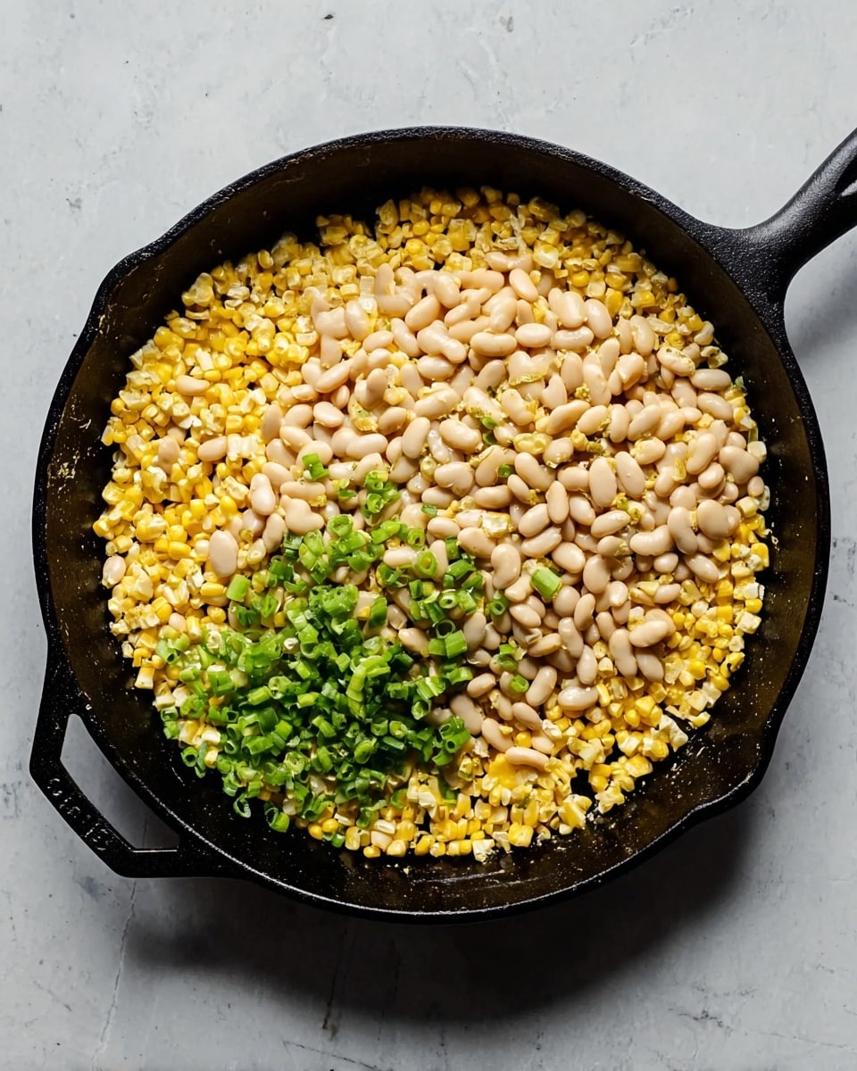 A black cast iron pan filled with three main layers of ingredients; the base layer is yellow corn kernels spread evenly across the pan, the middle layer consists of light beige large beans mostly piled in the center, and the top layer has small pieces of bright green chopped scallions scattered gently over the beans and corn. The pan rests on a white marbled surface. Photo taken with an iphone --ar 4:5 --v 7