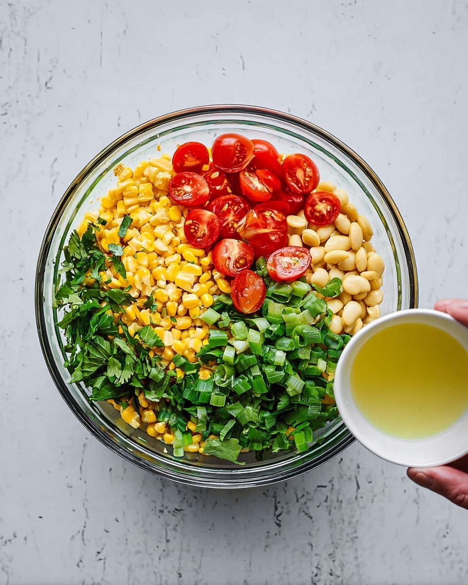 A clear glass bowl sits on a white marbled surface filled with four main layers arranged in sections: yellow corn kernels with a few pale broad beans make up the base and most of the bowl, bright red cherry tomatoes sliced in half are placed on one side, fresh green leafy herbs including cilantro and basil cover another section, and finely chopped green onions add a rough texture on top near the middle. A woman's hand holds a small white cup filled with light yellow dressing just below the bowl. photo taken with an iphone --ar 4:5 --v 7