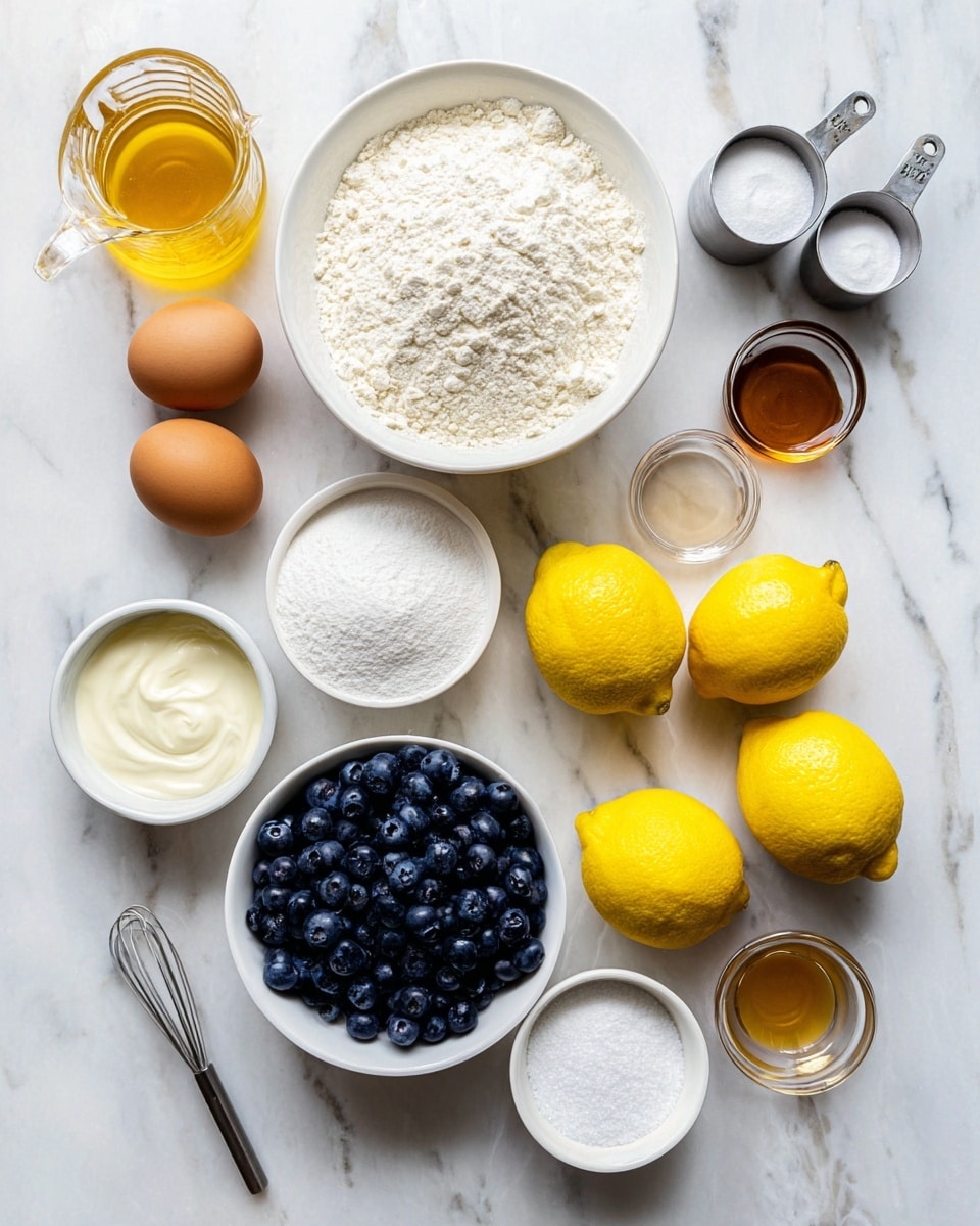 The image shows many baking ingredients arranged on a white marbled surface. There is a white bowl full of dry white flour in the bottom left, near two brown eggs. Above the eggs, there is a metal measuring cup with white flour, and next to it is another metal measuring cup with white sugar. To the right of the sugar cup, there are three yellow lemons, two whole and one cut in half showing the inside. Above the lemons, there is a white bowl filled with fresh dark blue blueberries. Nearby, a small white dish holds white powdered sugar, and next to it is a small glass bowl with a light brown liquid. Above that, a metal measuring cup contains white cream. In the top left corner, there is a glass measuring jug with a golden liquid, likely oil. All items are neatly placed with clear spacing on the white marbled surface. photo taken with an iphone --ar 4:5 --v 7