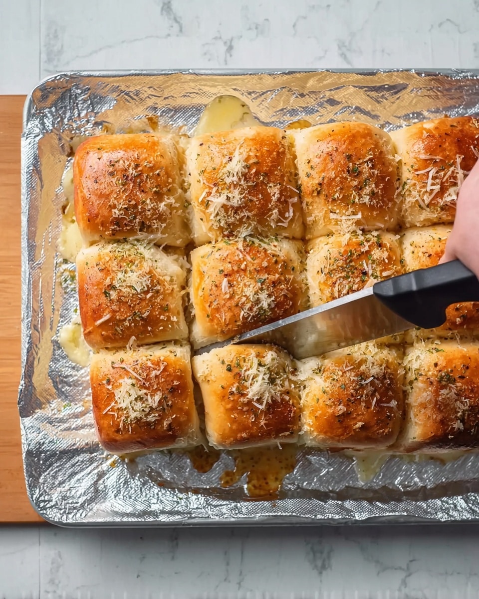 A close-up of a rectangular tray lined with silver foil, showing a batch of twelve small square rolls arranged in a 3 by 4 grid. The rolls are golden brown on top with a light dusting of herbs and grated cheese, and some melted cheese is oozing out between the rolls. A woman's hand is holding a large knife, slicing between the second and third columns of rolls. The tray is placed on a white marbled surface. photo taken with an iphone --ar 4:5 --v 7