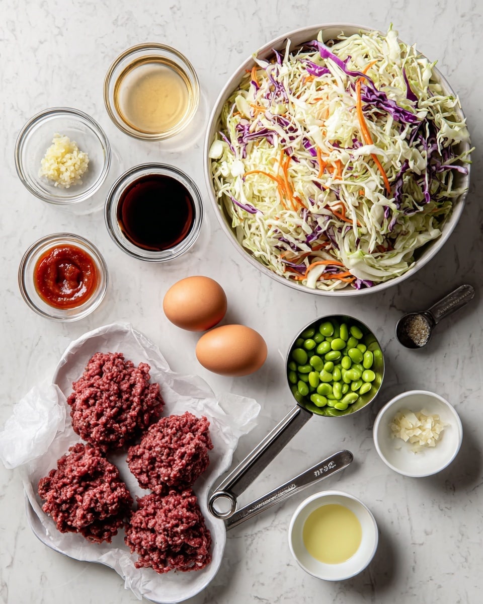 The image shows various cooking ingredients placed neatly on a white marbled surface. At the top right, there is a large bowl filled with shredded cabbage that is white, purple, and a few orange carrot strips mixed in, giving a colorful and textured look. To the left of the bowl are small clear glass containers with liquids: a pale golden one above, a dark brown one below it, and a small bowl with minced garlic next to them. Below is a small glass bowl with red sauce. On the bottom left is a white paper-lined tray holding raw ground meat in clumps of bright red color. Near the center are three brown eggs arranged in a triangle. Next to the eggs, there is a metal measuring cup filled with bright green edamame beans and another metal measuring spoon with a dark sauce. Smaller white bowls on the right hold light yellow liquid, minced garlic, and salt, all arranged in a clean and organized way. Photo taken with an iphone --ar 4:5 --v 7
