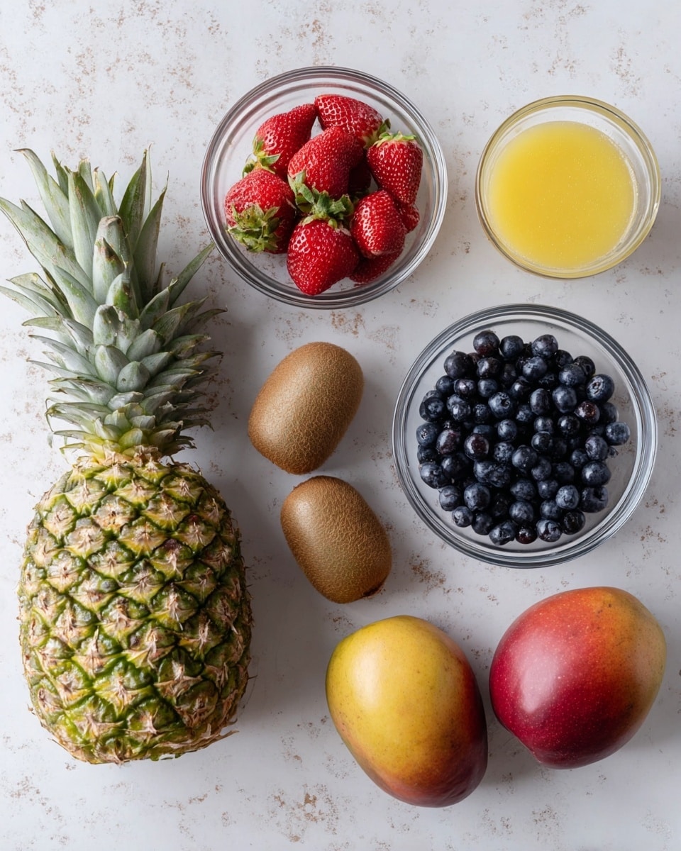 A group of fresh fruits and juice are shown on a white marbled surface, including one whole pineapple with green and brown skin on the left, four brown fuzzy kiwis arranged near the middle, a clear glass bowl filled with red strawberries with green tops on the upper right, a smaller clear glass bowl filled with dark blue blueberries just below it, two whole reddish-yellow mangoes on the lower right, and a small clear glass cup filled with yellow juice near the top right corner, all arranged neatly without overlap. photo taken with an iphone --ar 4:5 --v 7