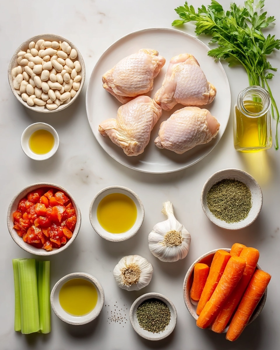 The image shows various cooking ingredients neatly arranged on a white marbled surface. At the top center, there is a white plate holding four raw chicken pieces, light pink with a slightly shiny texture. To the left, a white bowl is filled with white beans, smooth and oval-shaped. Below the beans are three small white bowls, one with yellow oil, another with light yellow powder, and the third with a smaller amount of yellow oil. To the bottom left, a white bowl contains red diced tomatoes, chunky and moist. In the middle, there are two light green celery sticks and a whole garlic bulb with white papery skin. To the right of the garlic, there is a small white bowl with dried herbs, green and dry. Further right, a white bowl holds cut orange carrots, thick and smooth. Above the carrots, there is a small clear glass jar with yellow oil and a fresh bunch of green parsley with leafy texture on the upper right corner. A small pile of black pepper sits on the surface near the beans. photo taken with an iphone --ar 4:5 --v 7